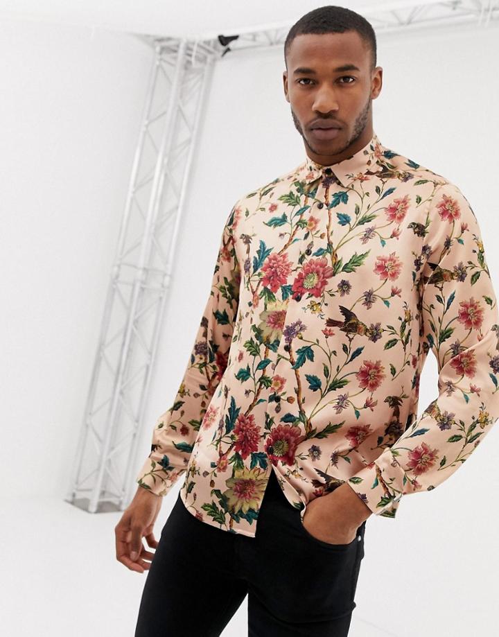 Asos Design Regular Fit Satin Floral Printed Shirt In Pink - Pink