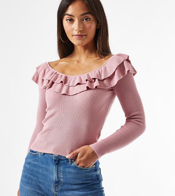 Miss Selfridge Petite Pointelle Off-the-shoulder Sweater In Pale Pink