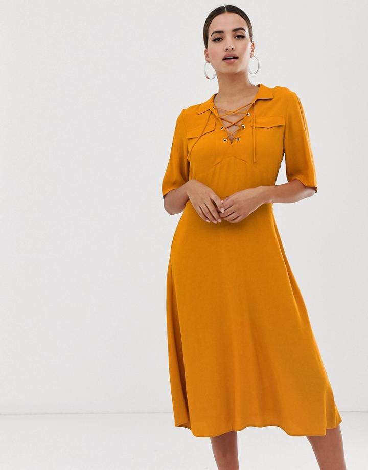 Asos Design Midi Shirt Dress With Lace Up Front-yellow