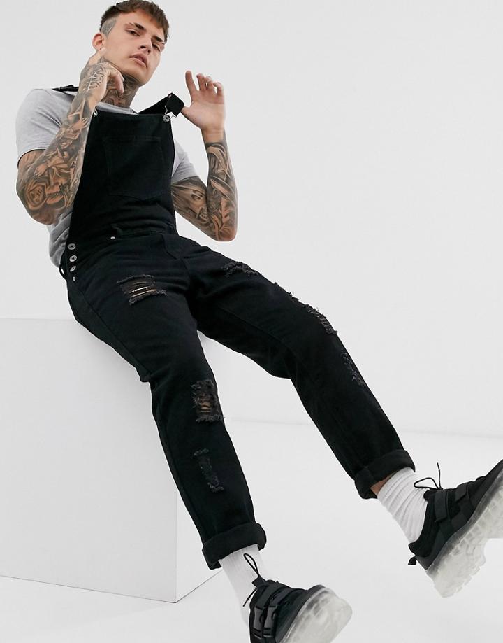 Liquor N Poker Overalls Straight Fit Extreme Rips In Black