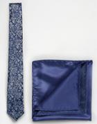 Selected Navy Floral Print Tie And Pocket Square - Navy