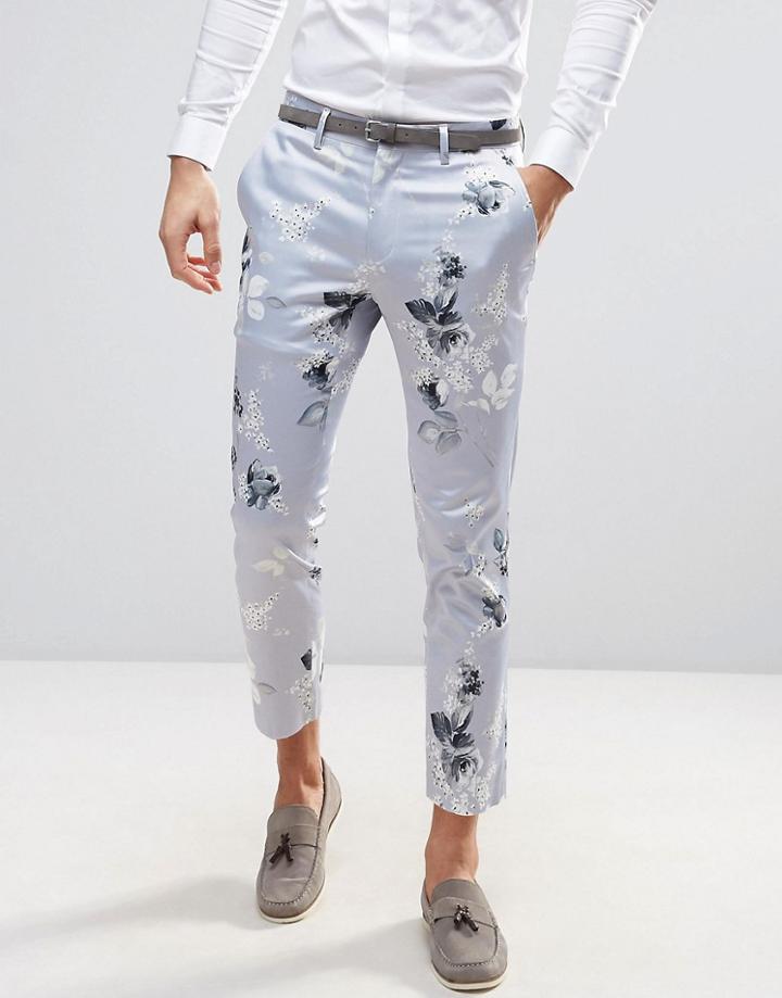 Asos Wedding Skinny Cropped Smart Pants In Blue Floral Print - Blue