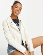 Miss Selfridge Faux Leather Moto Jacket In Ivory-white