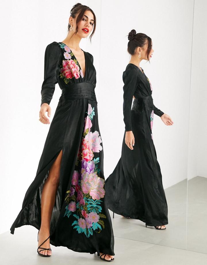 Asos Edition Cut Out Maxi Dress With Placement Embroidery-black