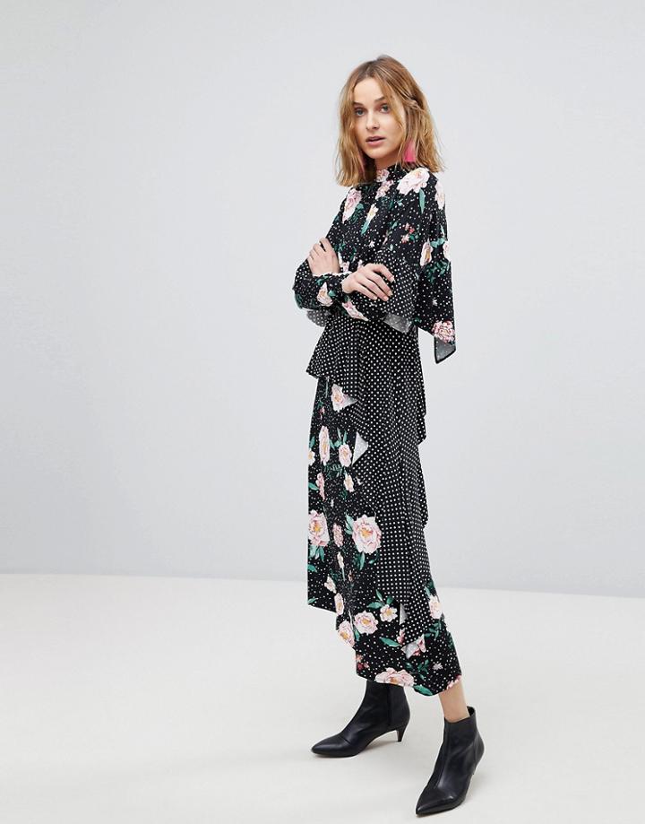 Asos Mixed Print Deconstructed Tea Dress With Open Back - Multi