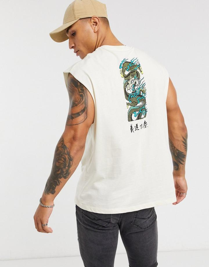 Asos Design Oversized Organic T-shirt In Beige With Dragon Back Print-neutral