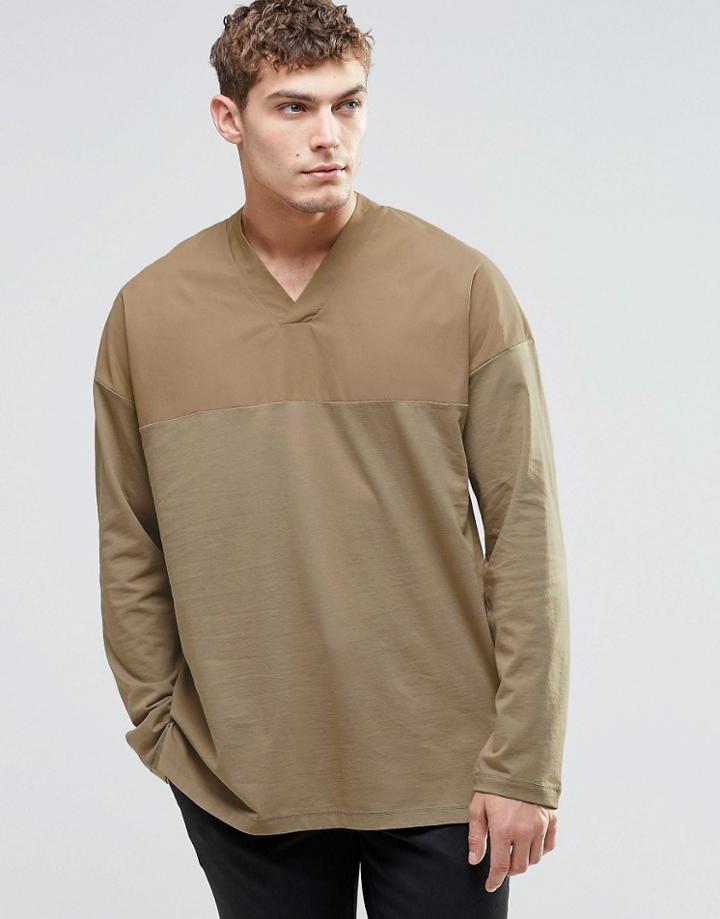Asos Oversized Long Sleeve T-shirt With Woven Yoke Panel - Tan