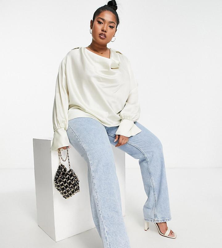 Asos Design Curve Cowl Neck Long Sleeve Blouse With Collar In Cream-white