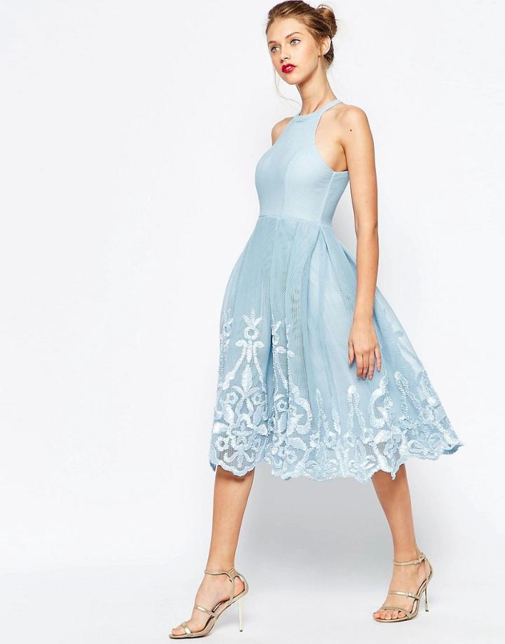 Asos Embroidered Floral Super Full Mesh Dress - Nude