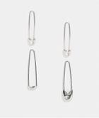 Asos Design Pack Of 2 Safety Pin Earrings In Silver Tone