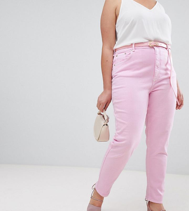 Asos Design Curve High Rise Farleigh 'slim' Mom Jeans In Washed Pink With Belt