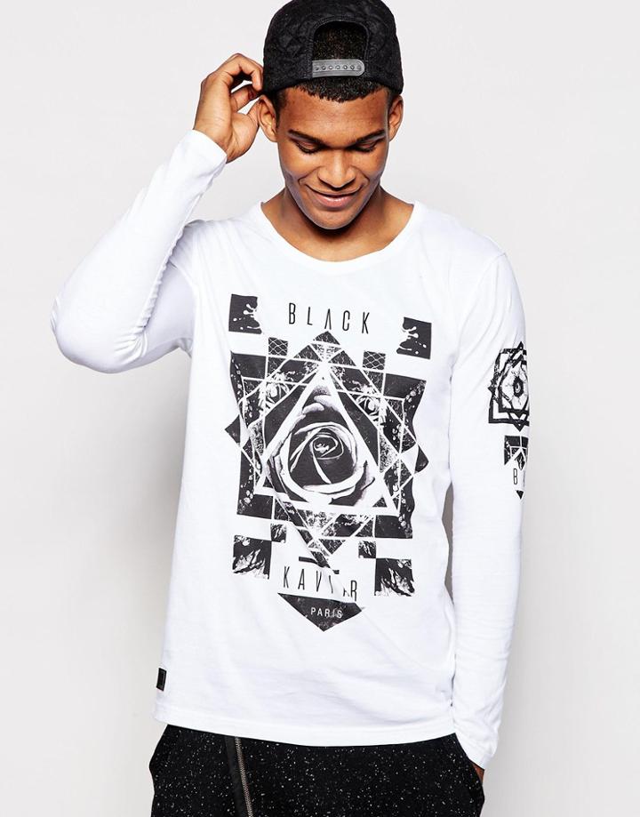 Black Kaviar Longline Long Sleeve T-shirt With Rose Print - White
