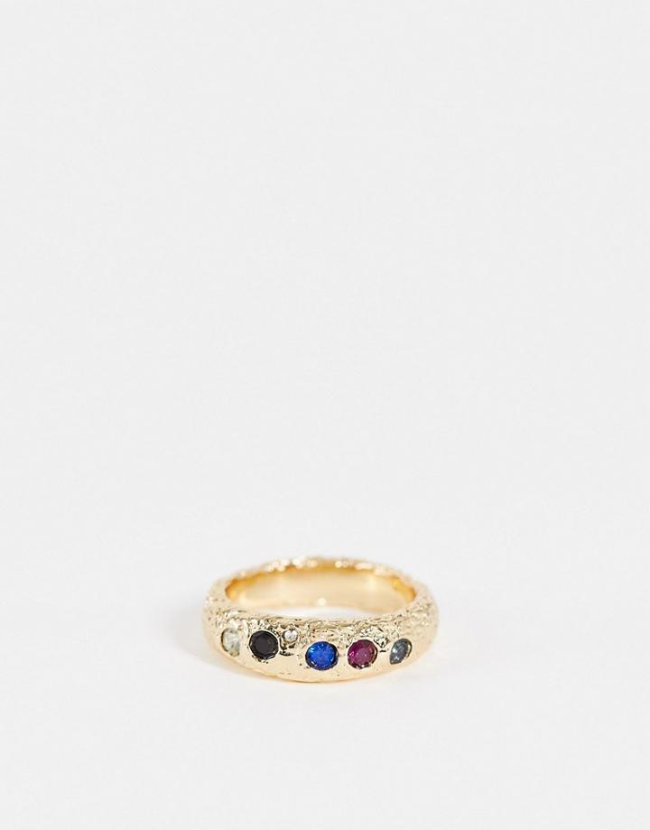 Asos Design Band Ring With Colored Crystal Stones In Gold Tone