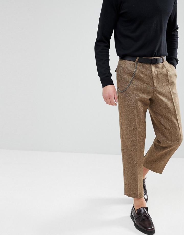 Noose & Monkey Wide Leg Woven In England Pants With Chain - Brown