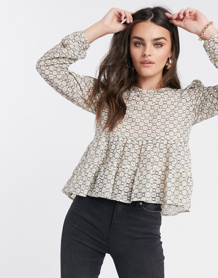 River Island Long Sleeve Puff Shoulder Lace Top In Cream-white