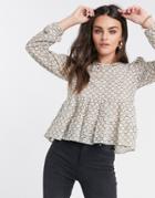 River Island Long Sleeve Puff Shoulder Lace Top In Cream-white