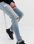 Asos Design Skinny Jeans In Light Wash Blue With Heavy Rips - Blue