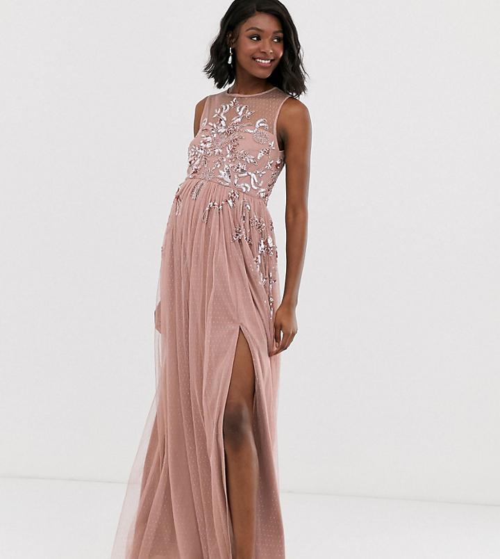 Maya Maternity Embellished Dobby Mesh Maxi Dress In Mauve - Purple