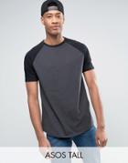 Asos Tall Longline T-shirt With Contrast Raglan Sleeves And Curved Hem In Grey/black - White