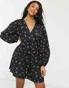 Asos Design Long Sleeve V Neck Mini Dress In Black With Yellow Floral Print