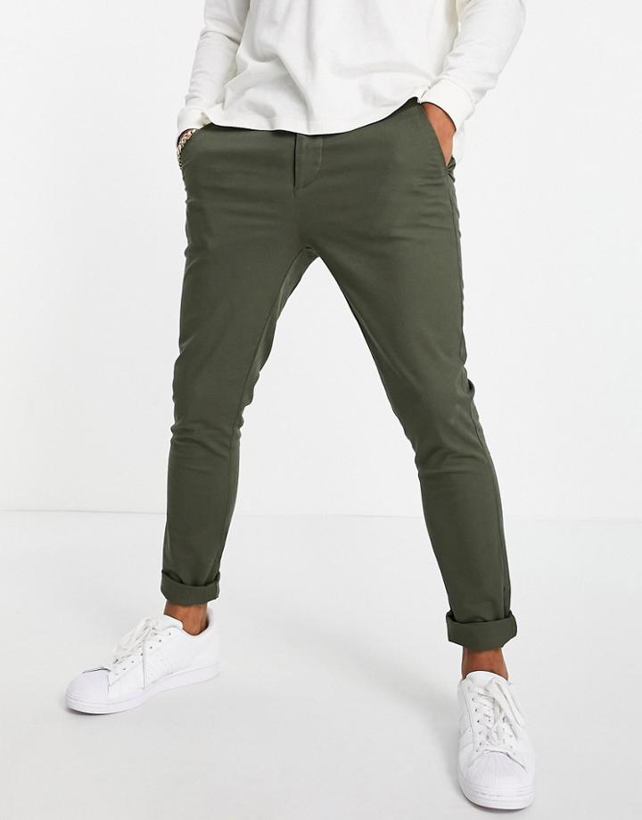 Asos Design Super Skinny Chinos In Khaki-green
