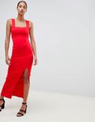 Asos Design Square Neck Maxi Dress With Thigh Split-red