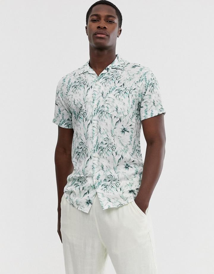 Selected Homme Floral Graphic Print Revere Collar Short Sleeve Shirt In White - White