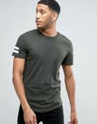 Jack & Jones Core Longline T-shirt With Curved Hem And Arm Stripes - Green