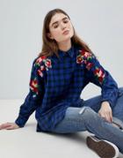 Asos Oversized Boyfriend Check Shirt With Embroidery - Multi