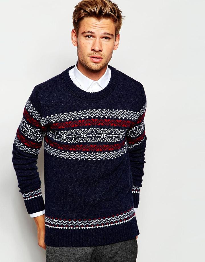Selected Homme Knitted Sweater With Chest Jacquard - Navy