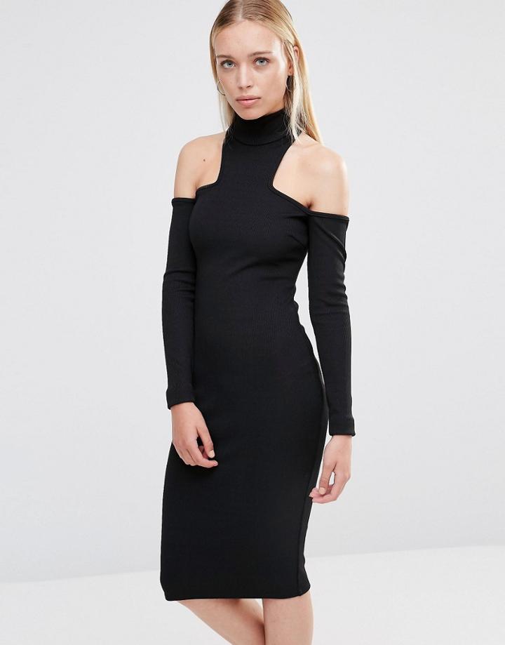 City Goddess High Neck Cold Shoulder Midi Dress - Black