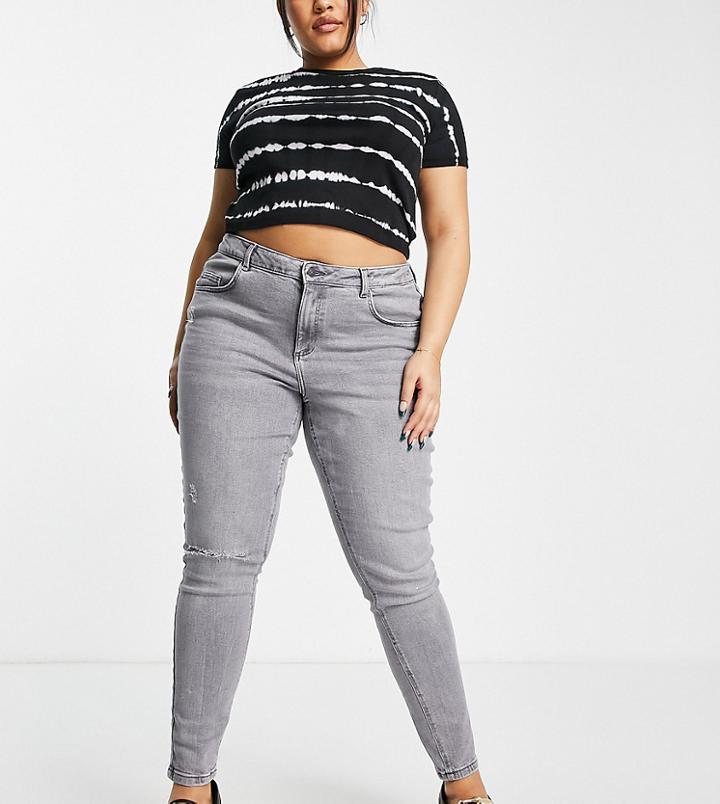 Noisy May Curve Callie High Waisted Ripped Knee Skinny Jeans In Light Gray