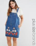 Alice & You Denim Pinafore Dress With Floral Embroidery - Blue
