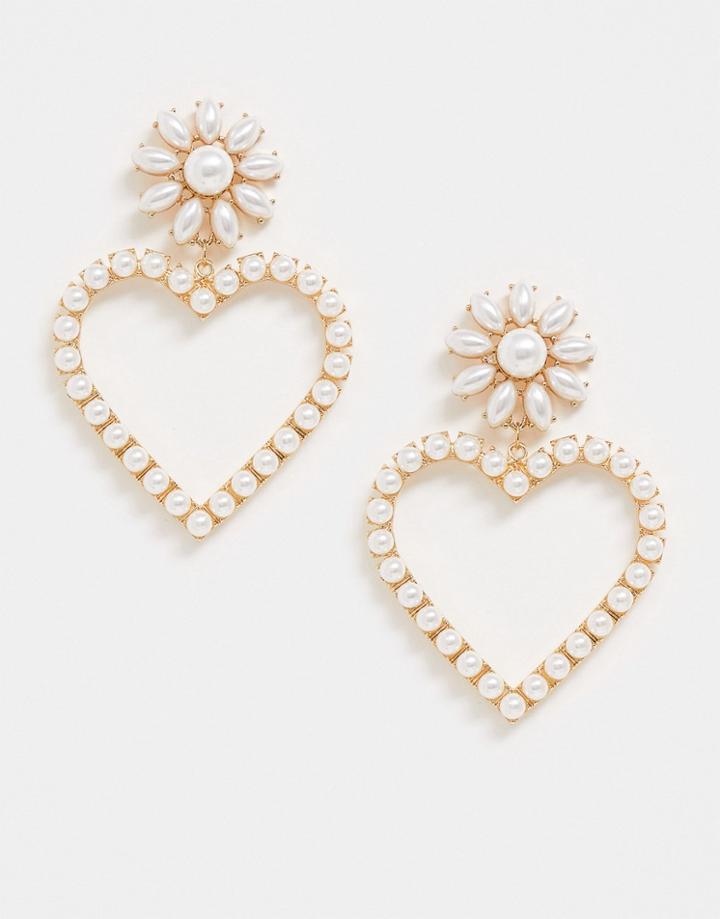 Asos Design Earrings With Pearl Embellished Heart Drop In Gold Tone