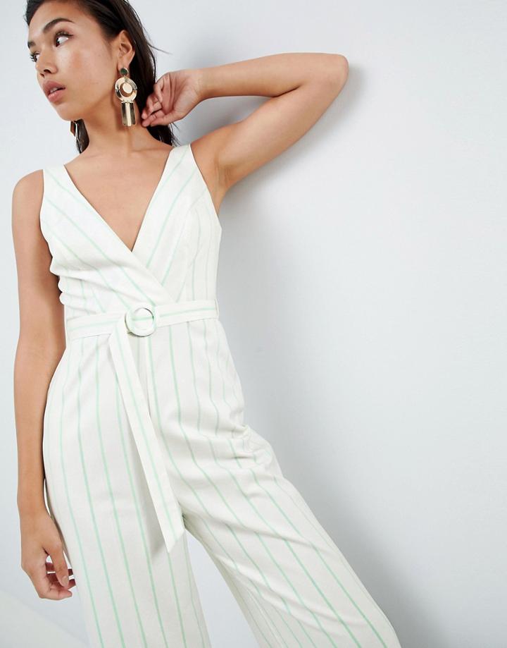 Asos Design Stripe Jumpsuit With Wide Leg And Belt - Multi