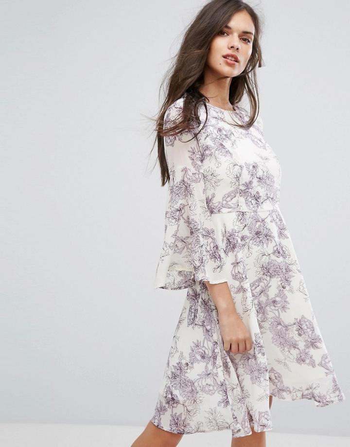 Y.a.s Pallida Trumpet Sleeve Floral Print Dress - Cream