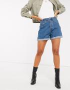 Stradivarius Mom Fit Short In Vintage Wash-blue