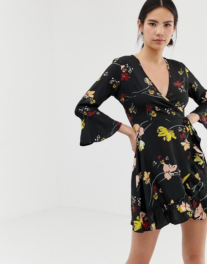 Influence Floral Wrap Mini Dress - Black