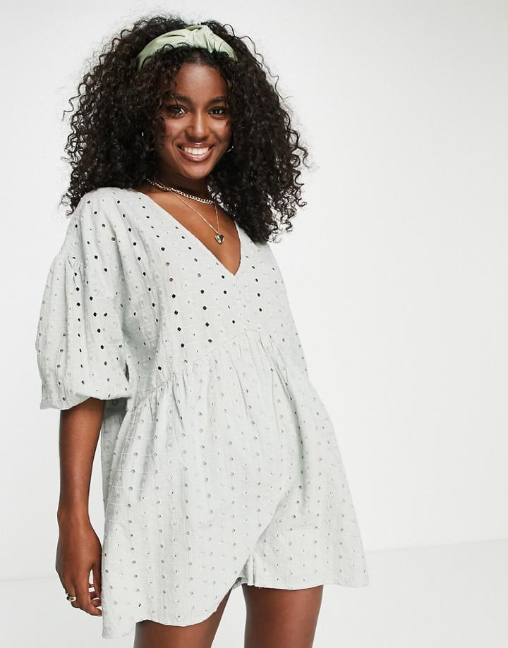Asos Design Broderie Smock Romper In Sage-green