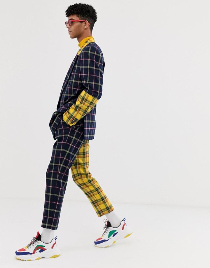 Asos Design Cigarette Suit Pants With Yellow Contrast Check Detail - Blue