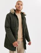 Asos Design Parka Jacket In Green With Faux Fur Lining