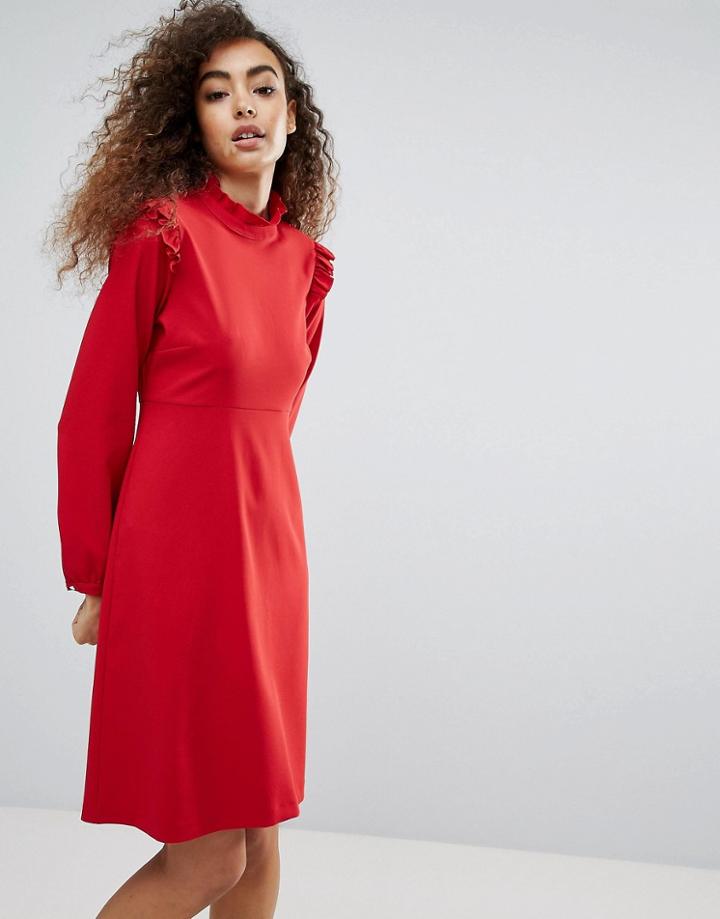 Liquorish Long Sleeve Shift Dress With Ruffles - Red