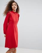 Liquorish Long Sleeve Shift Dress With Ruffles - Red
