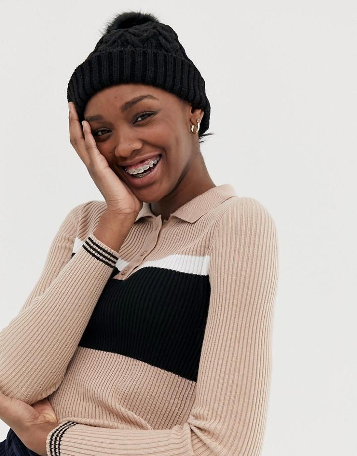 Asos Design Cable Knit Faux Fur Pom Beanie - Black