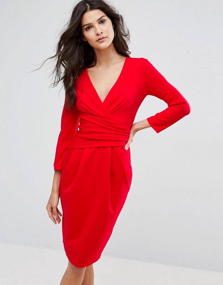 City Goddess 3/4 Sleeve Pleat Detail Midi Dress - Red