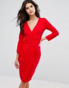 City Goddess 3/4 Sleeve Pleat Detail Midi Dress - Red