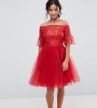 Chi Chi London Petite Tulle Midi Prom Dress With Lace Fluted Sleeves-red