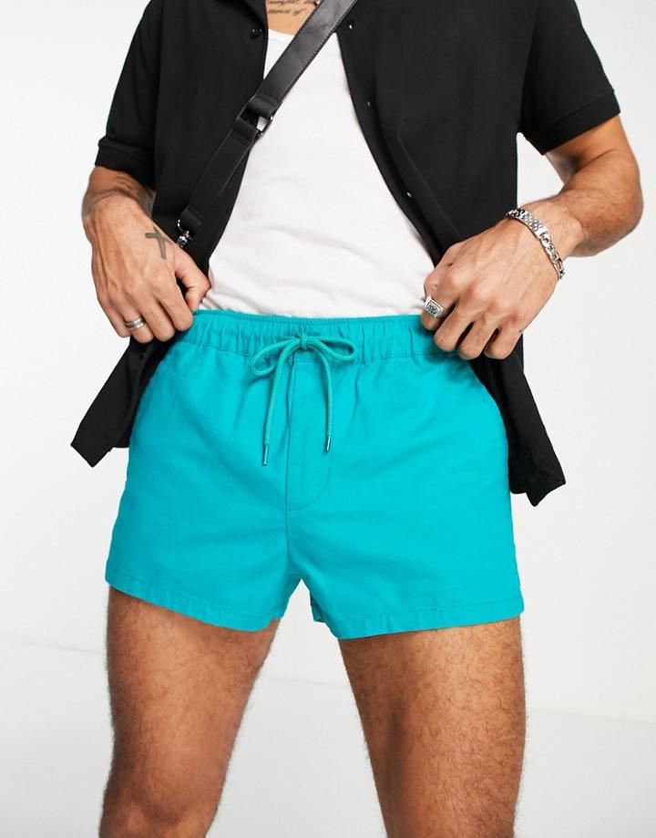 Asos Design Skinny Chino Shorter Shorts With Elastic Waist In Green-blues