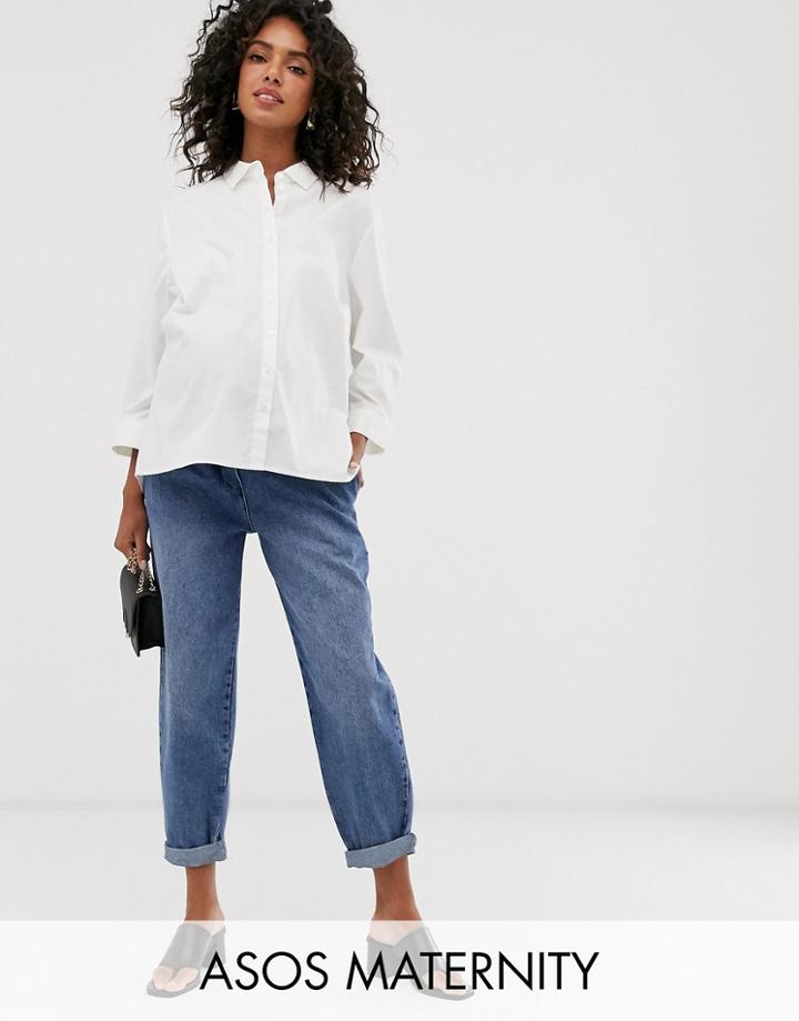 Asos Design Maternity Tapered Leg Boyfriend Jeans With Curve Seam In Mid Vintage Wash With Over The Bump Band - Blue