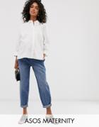 Asos Design Maternity Tapered Leg Boyfriend Jeans With Curve Seam In Mid Vintage Wash With Over The Bump Band - Blue